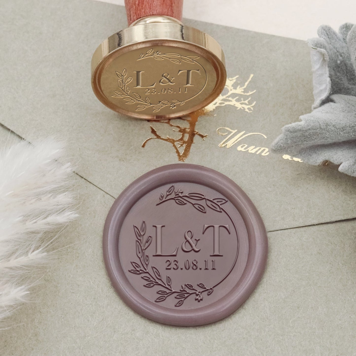 Custom Simple Leaf Wreath Wedding Monogram Wax Seal Stamp