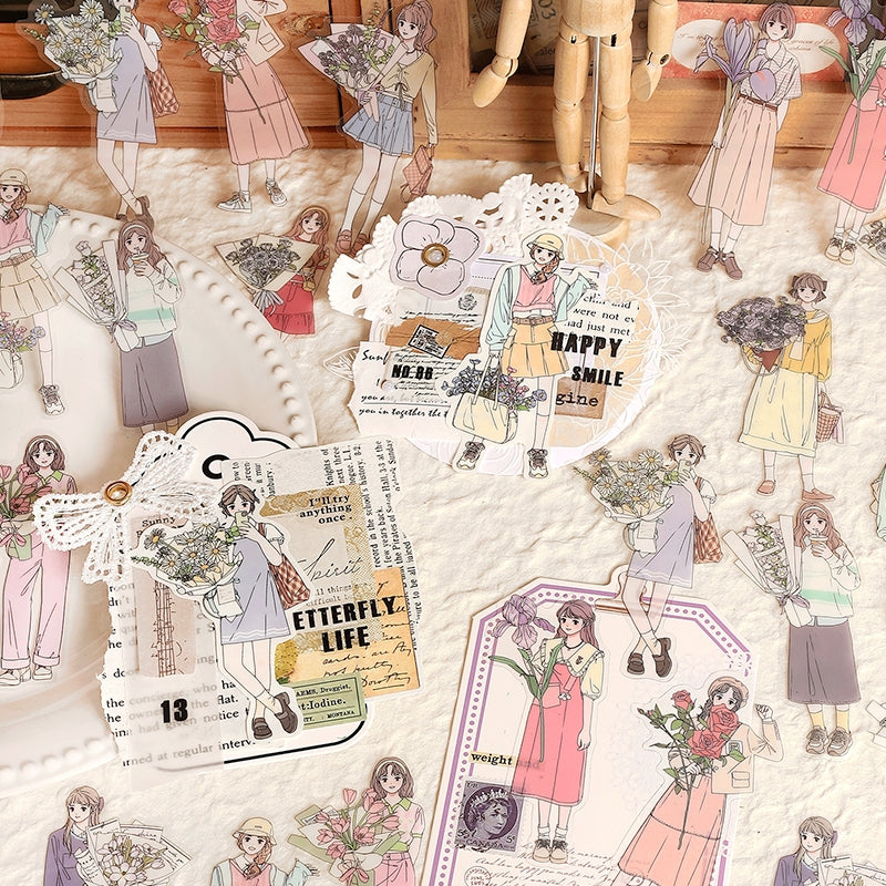 Girl Holding Fresh Flowers Clear Transparent Sticker