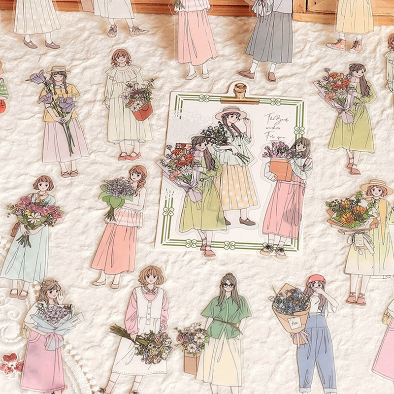 Girl Holding Fresh Flowers Clear Transparent Sticker