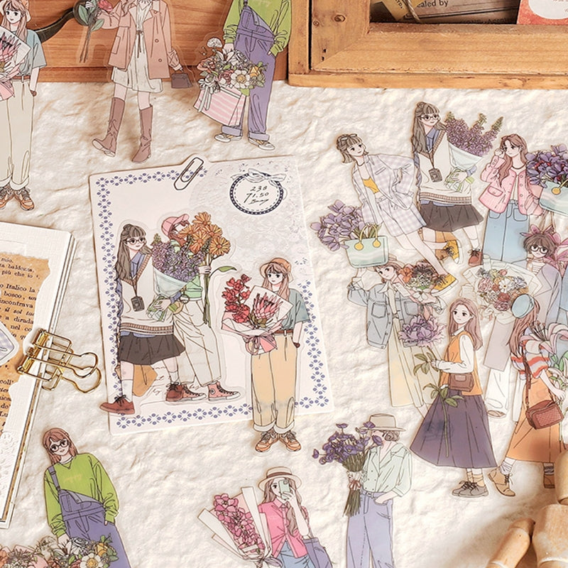 Girl Holding Fresh Flowers Clear Transparent Sticker