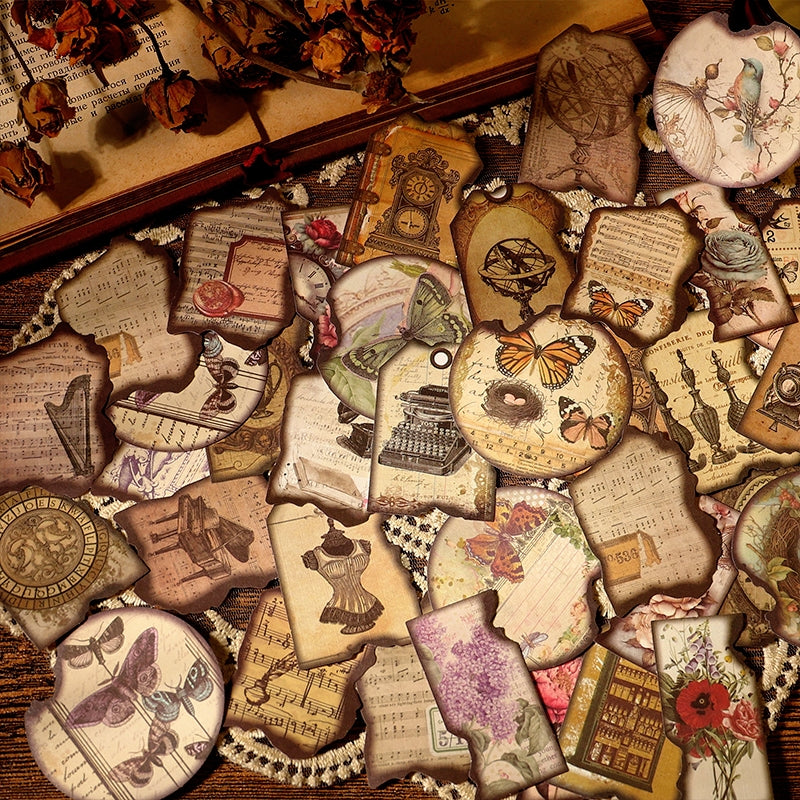 Vintage Burnt Edge Sticker - Antique, Music, Flower, Butterfly