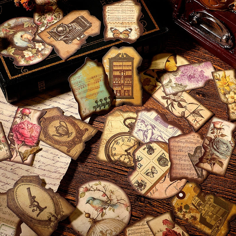 Vintage Burnt Edge Sticker - Antique, Music, Flower, Butterfly