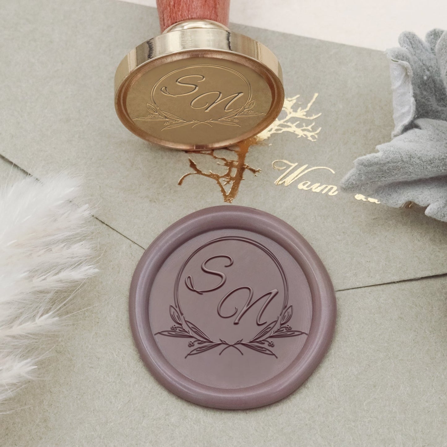 Custom Botanical Circle Wedding Monogram Wax Seal Stamp