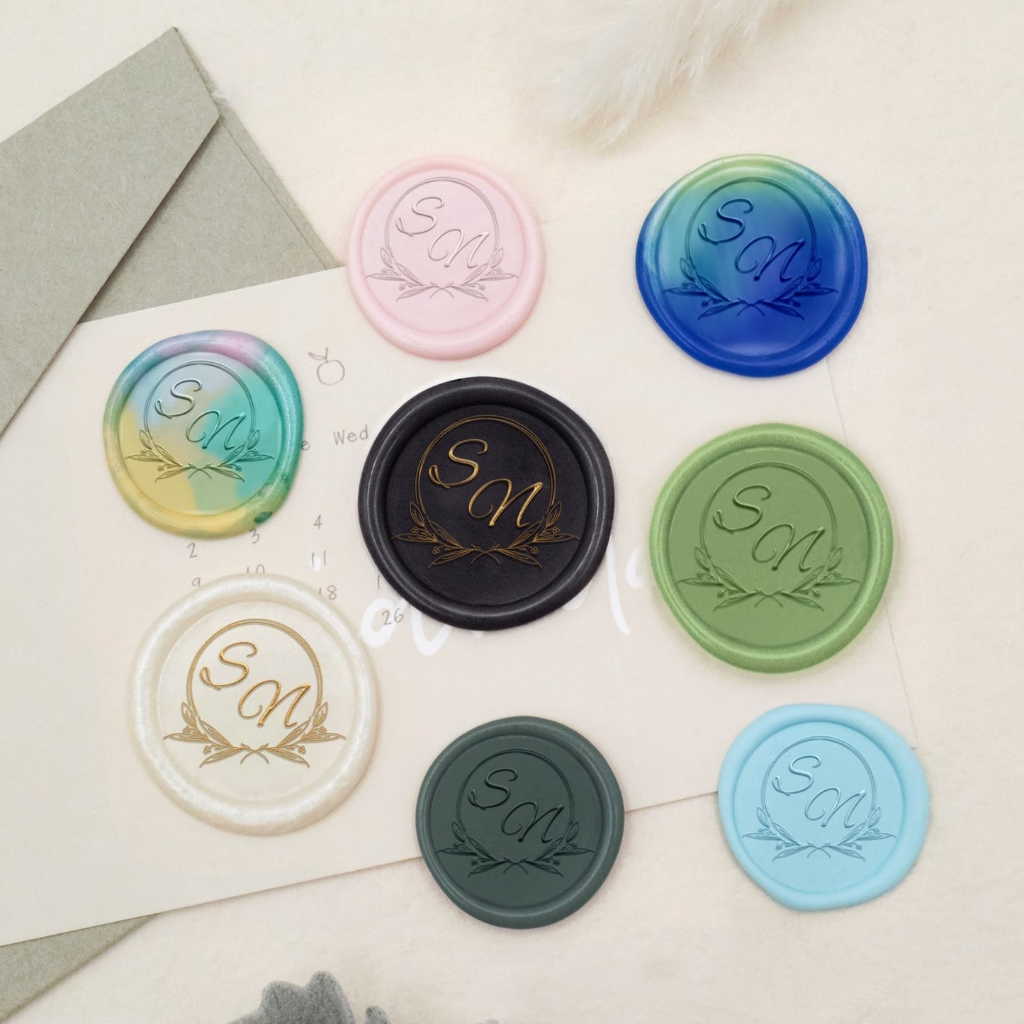 Custom Botanical Circle Wedding Monogram Wax Seal Stamp