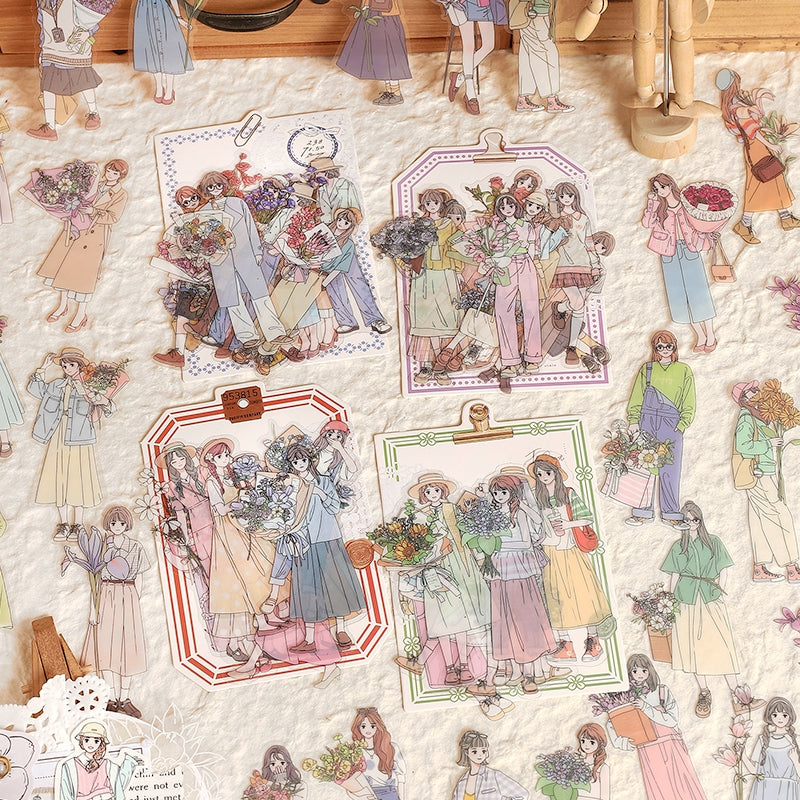 Girl Holding Fresh Flowers Clear Transparent Sticker