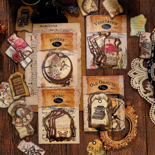 Vintage Burnt Edge Sticker - Antique, Music, Flower, Butterfly