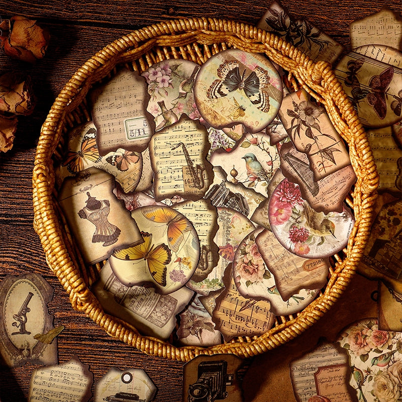 Vintage Burnt Edge Sticker - Antique, Music, Flower, Butterfly