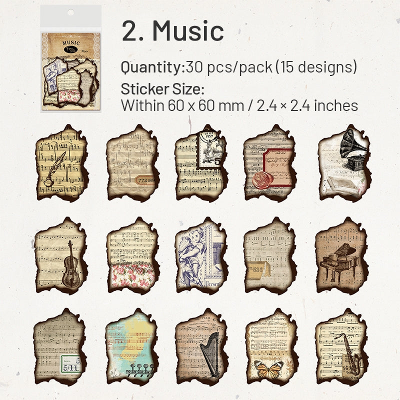 Vintage Burnt Edge Sticker - Antique, Music, Flower, Butterfly